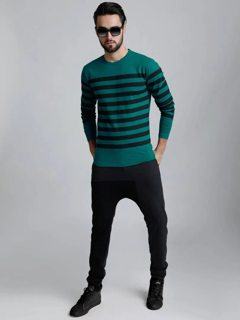 Dillinger Men's Green Striped Cotton Round Neck T Shirt