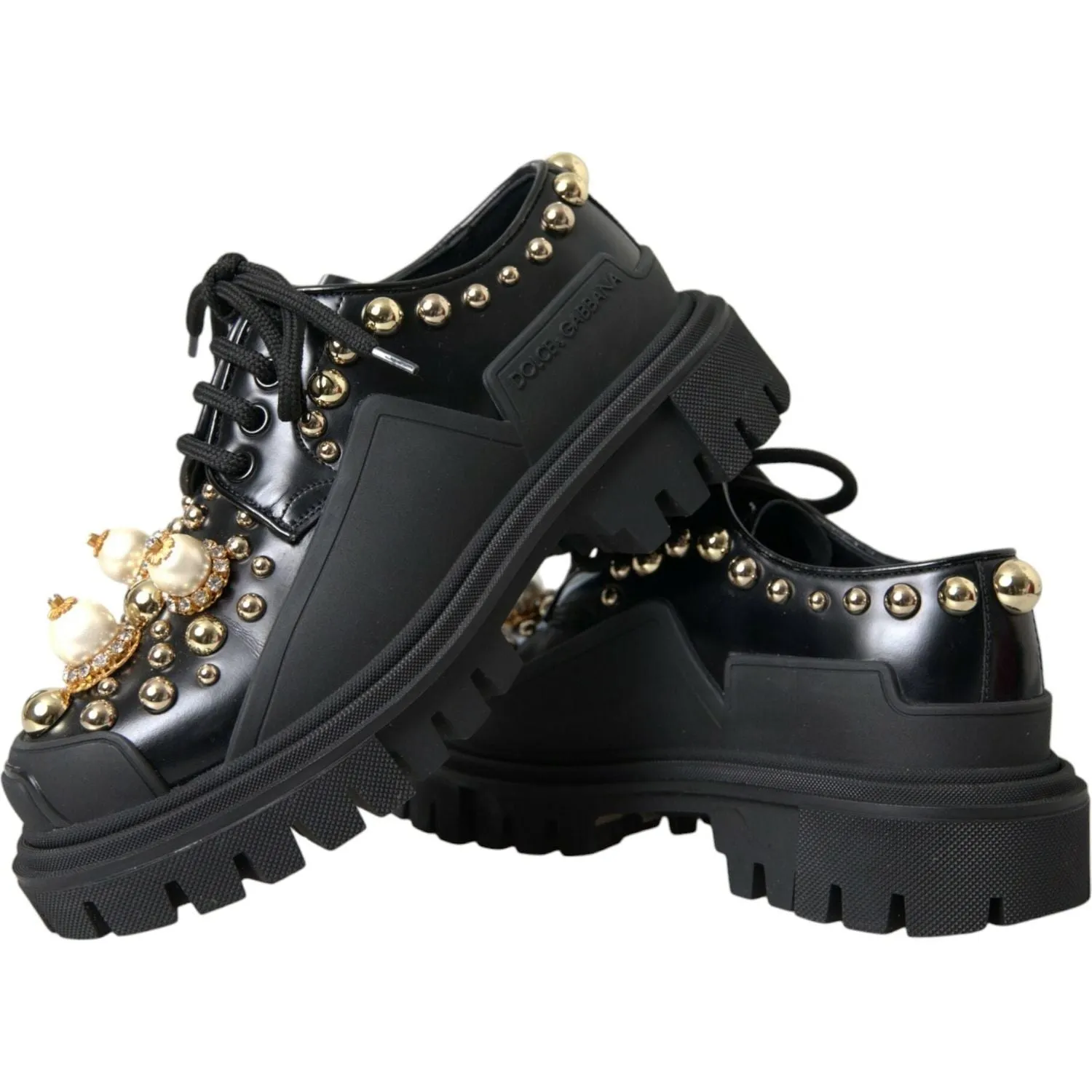 Dolce & Gabbana Black Leather Trekking Derby Embellished Shoes