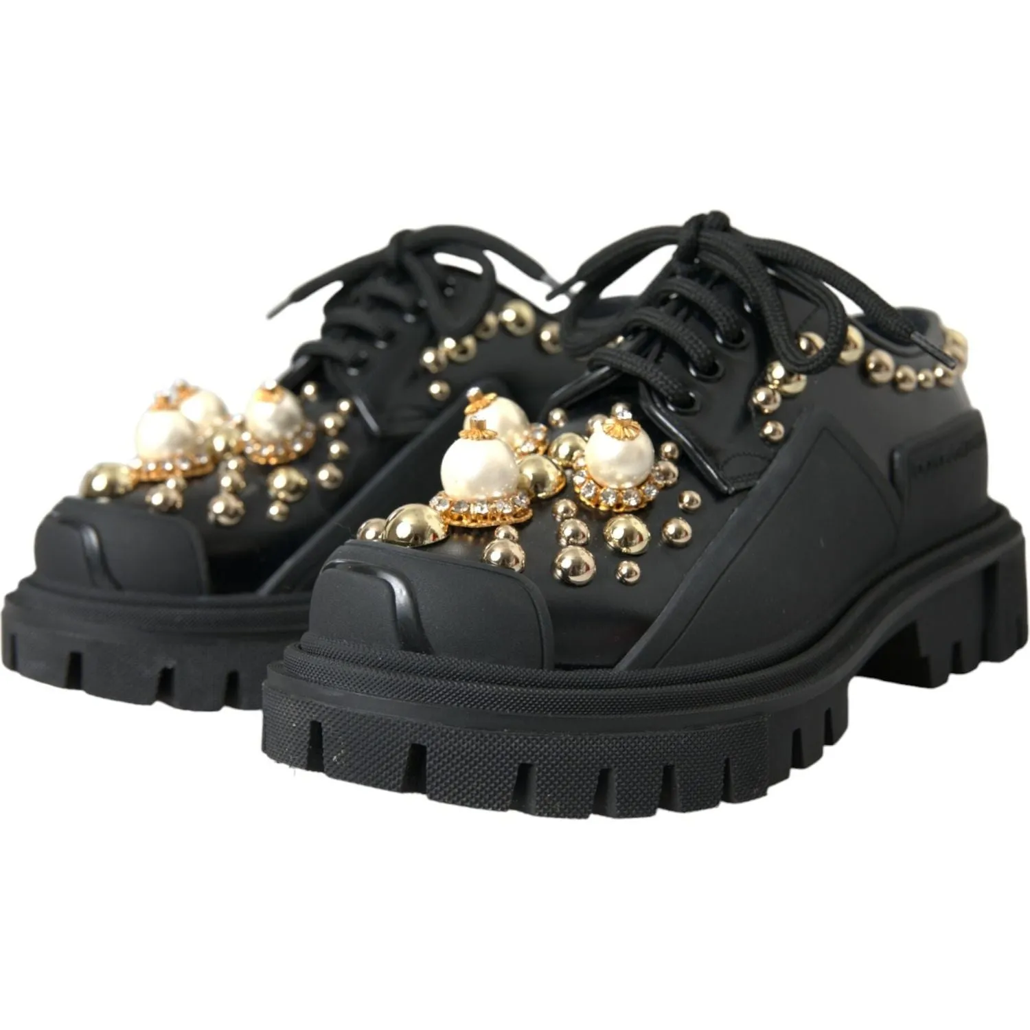 Dolce & Gabbana Black Leather Trekking Derby Embellished Shoes