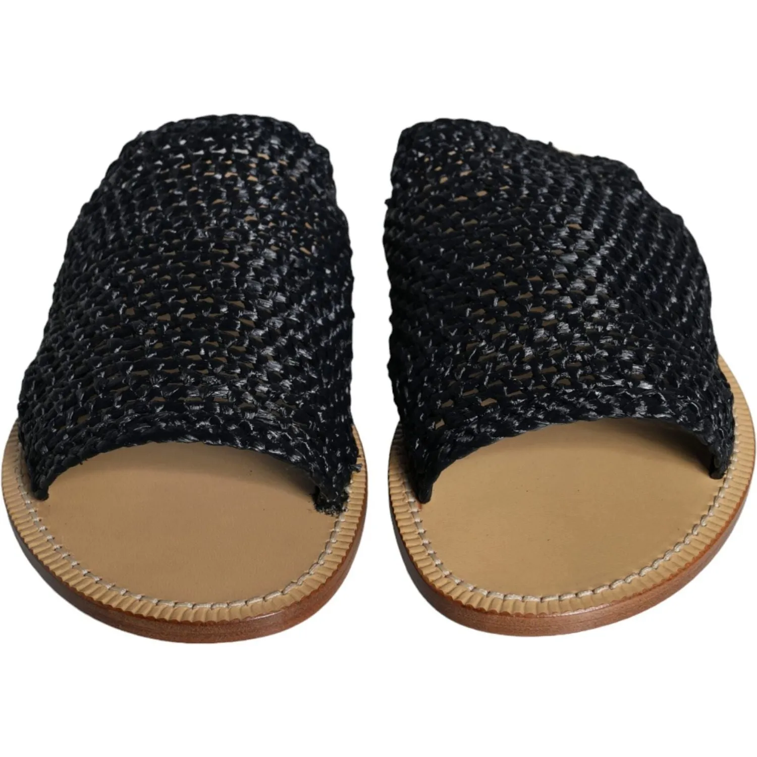 Dolce & Gabbana Black Monochrome Braided Raffia Slides Shoes