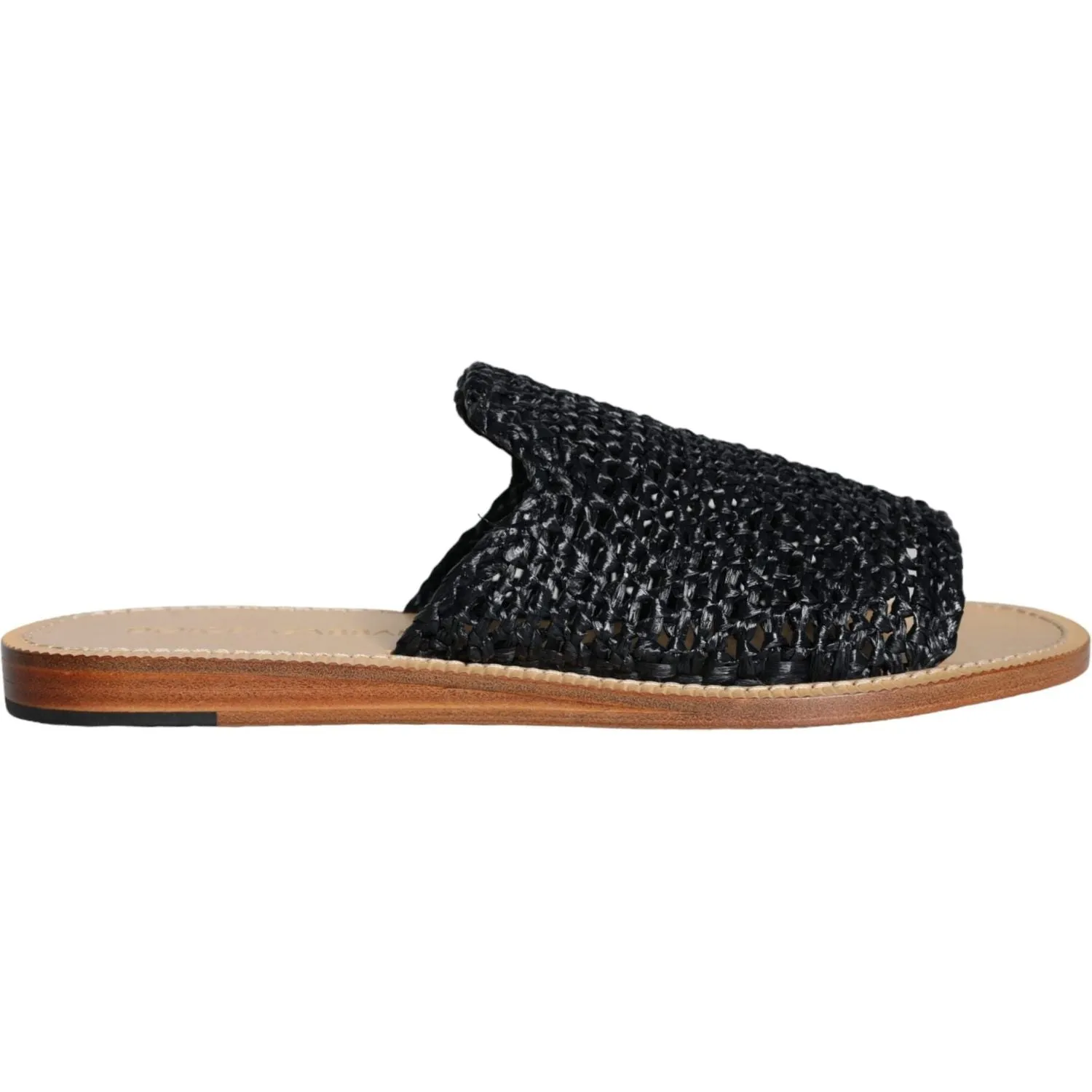 Dolce & Gabbana Black Monochrome Braided Raffia Slides Shoes