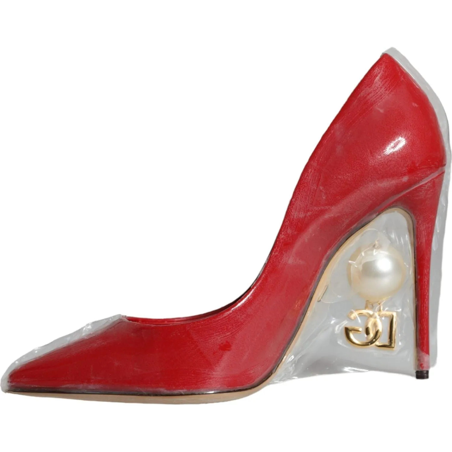 Dolce & Gabbana Red Patent Leather Faux Pearl Heels Pumps Shoes