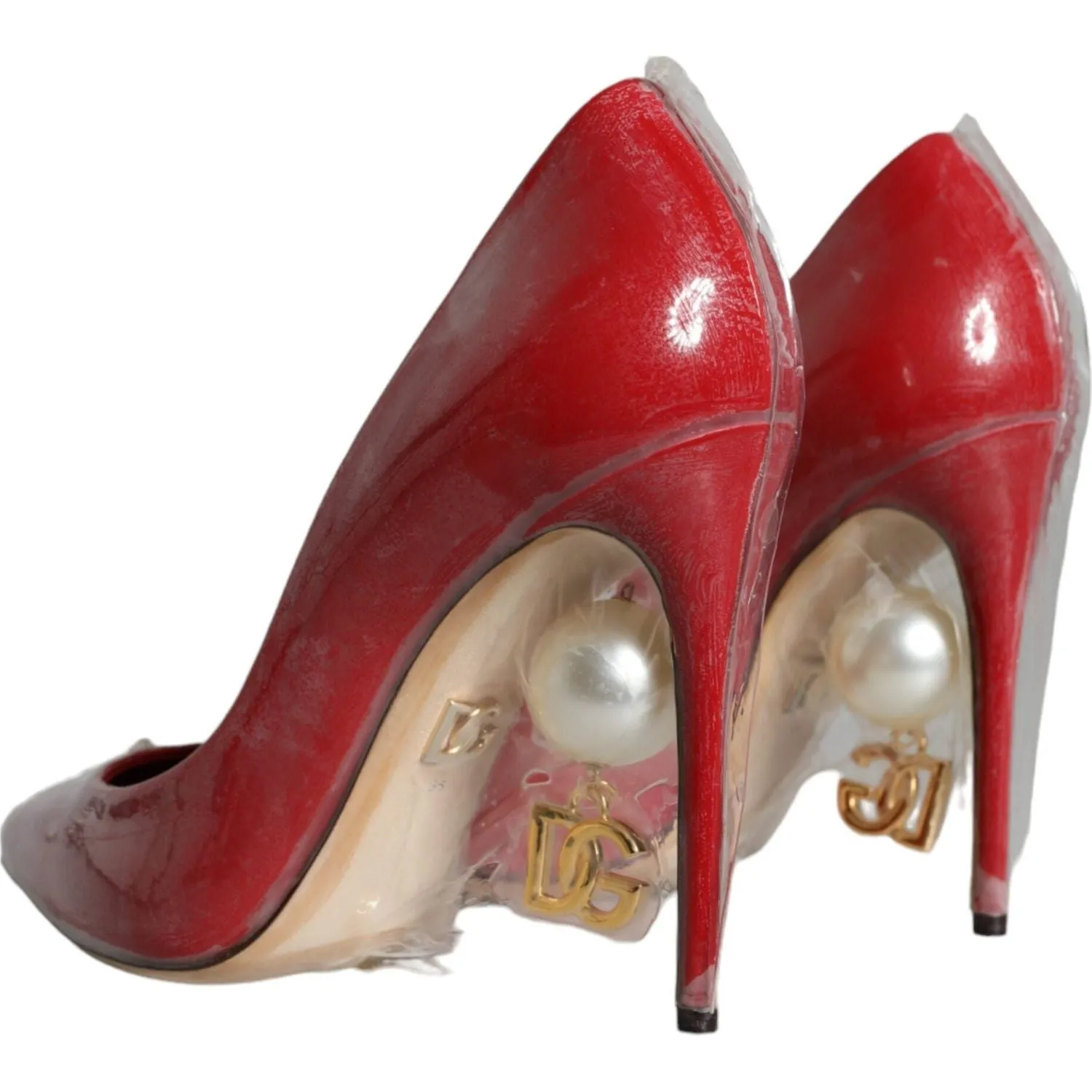 Dolce & Gabbana Red Patent Leather Faux Pearl Heels Pumps Shoes