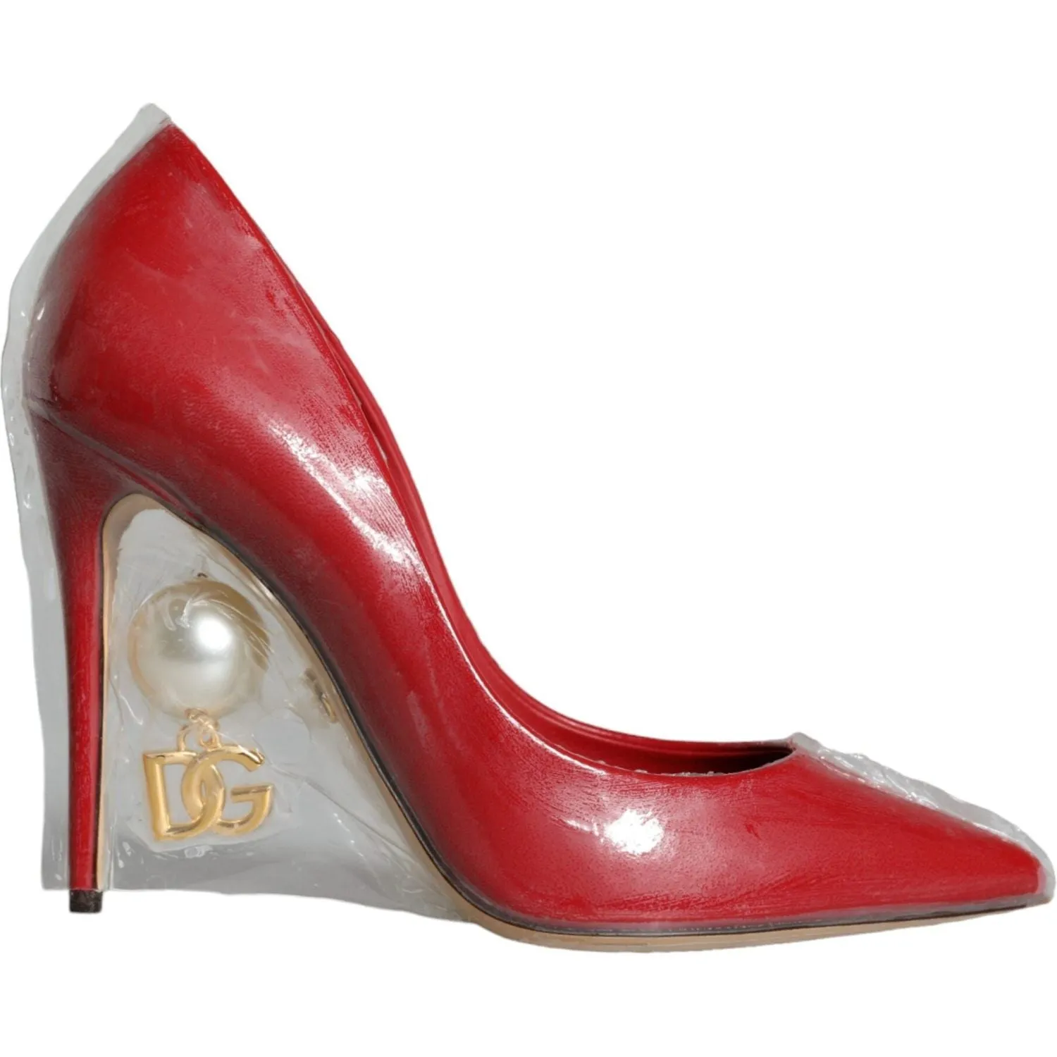 Dolce & Gabbana Red Patent Leather Faux Pearl Heels Pumps Shoes