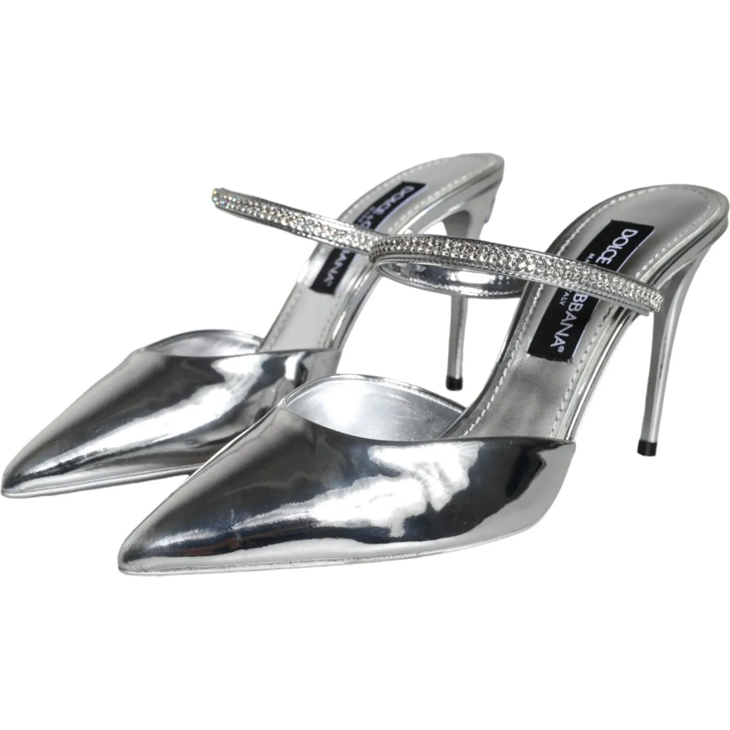 Dolce & Gabbana Silver Crystal Leather Slip On Sandals Shoes