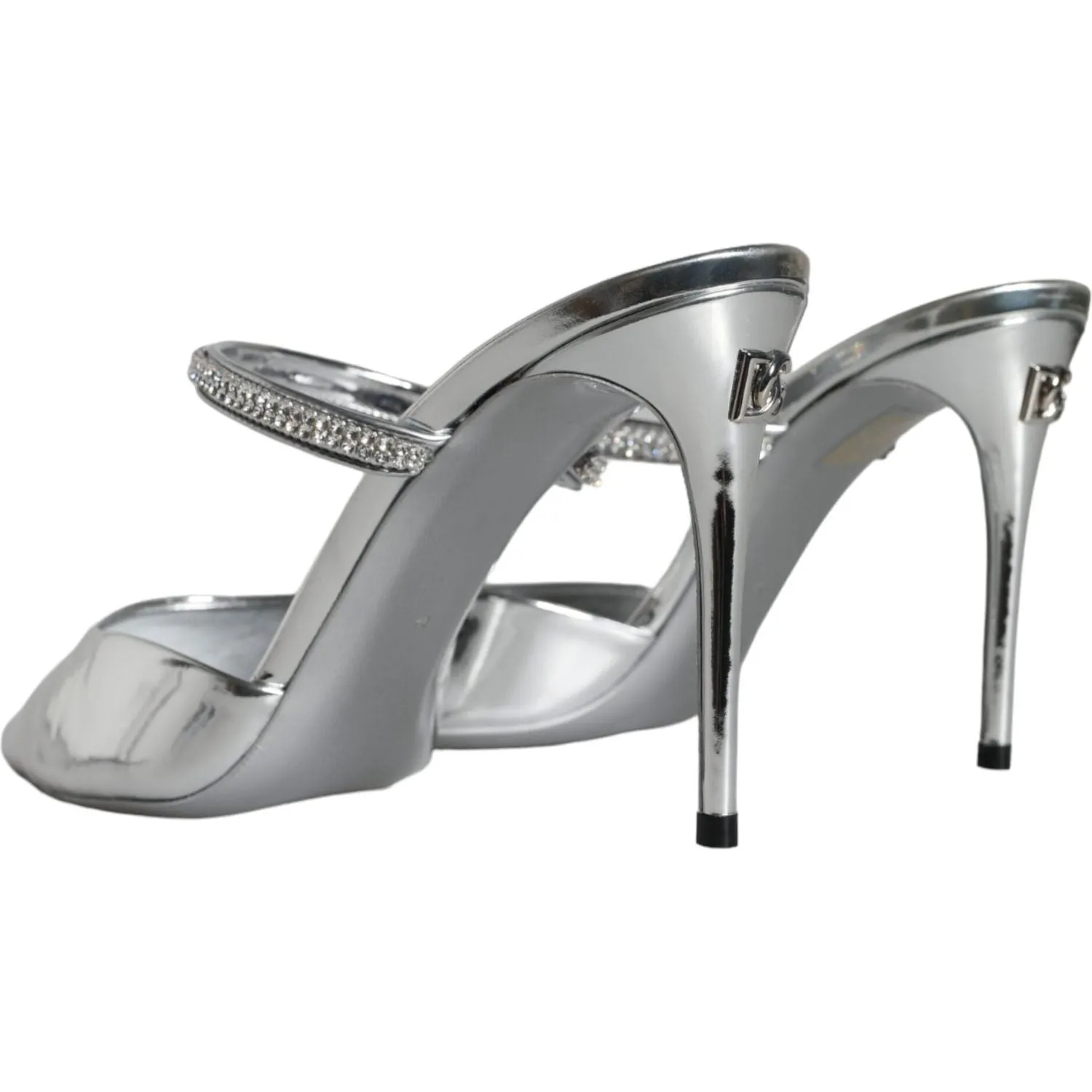 Dolce & Gabbana Silver Crystal Leather Slip On Sandals Shoes