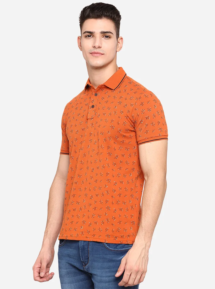 Dull Orange Printed Slim Fit Polo T-Shirt | JadeBlue