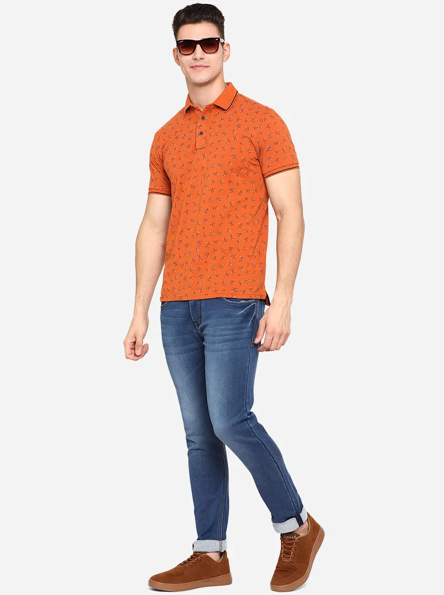 Dull Orange Printed Slim Fit Polo T-Shirt | JadeBlue