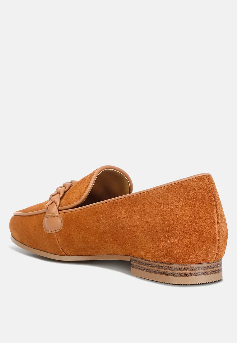 ECHO Suede Leather Braided Detail Loafers In Tan