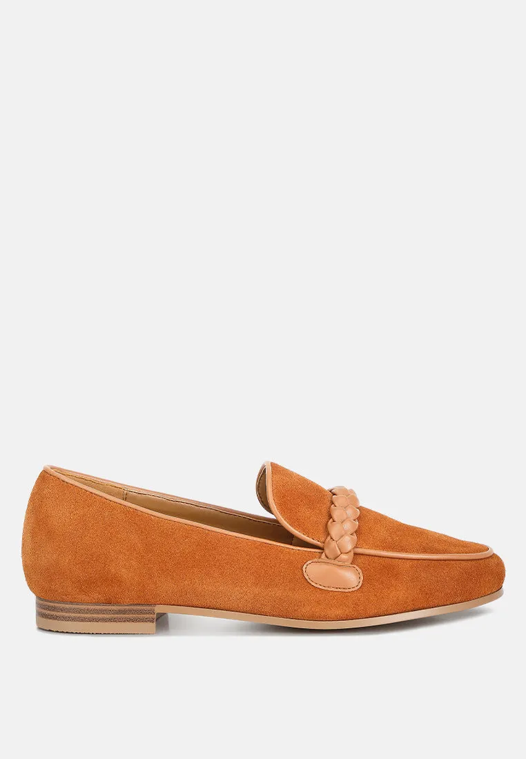 ECHO Suede Leather Braided Detail Loafers In Tan