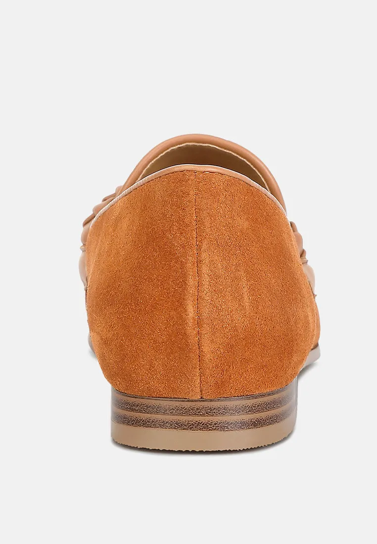 ECHO Suede Leather Braided Detail Loafers In Tan