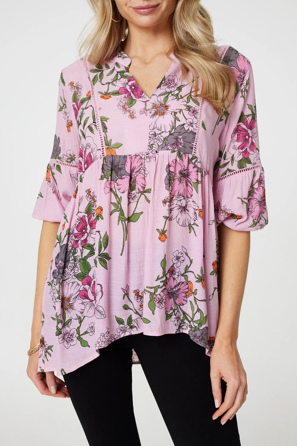 Floral 3/4 Sleeve Curve Hem Blouse