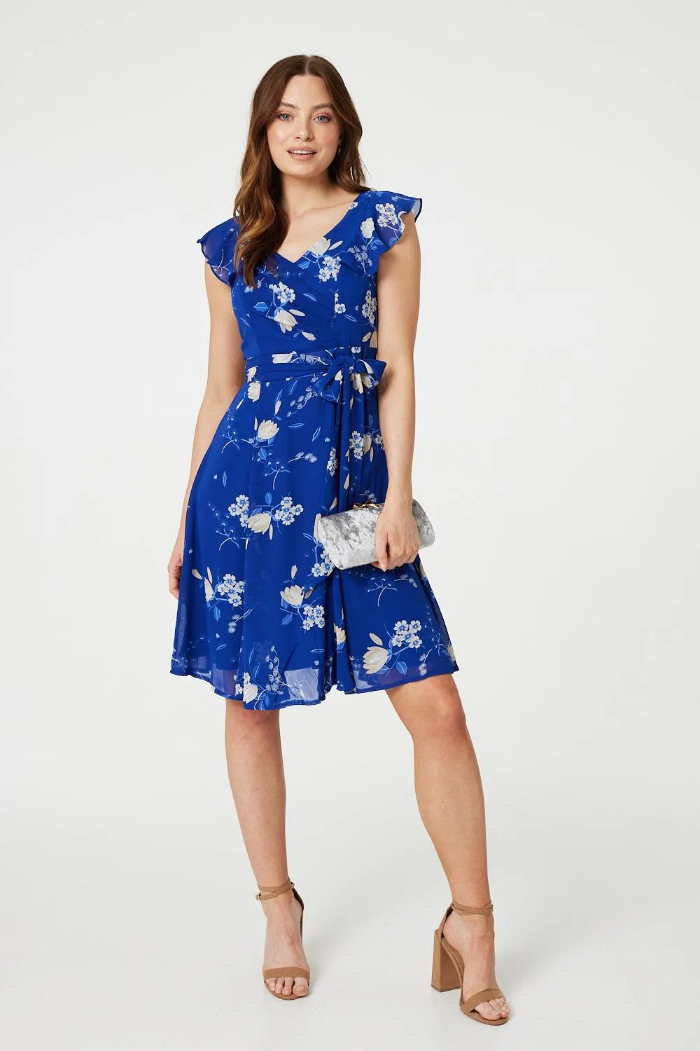 Floral Frilled Knee Length Wrap Dress