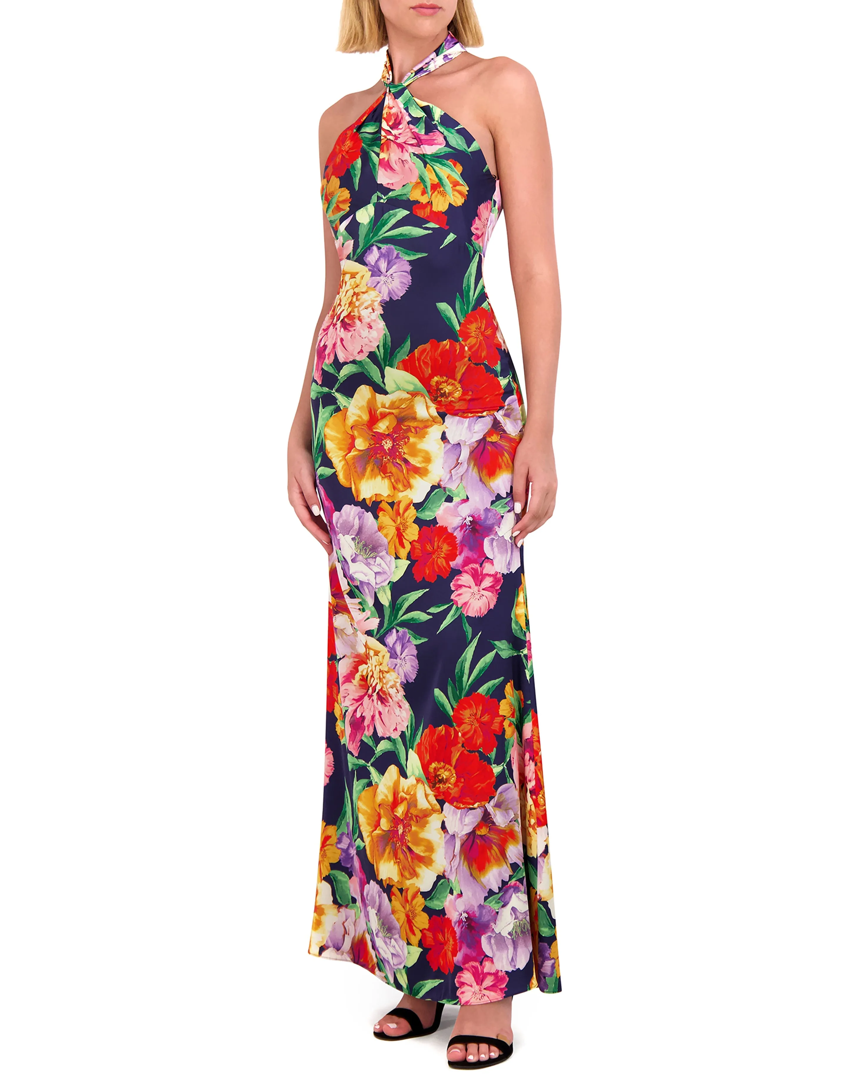 Floral-Print Twist-Top Halter Gown