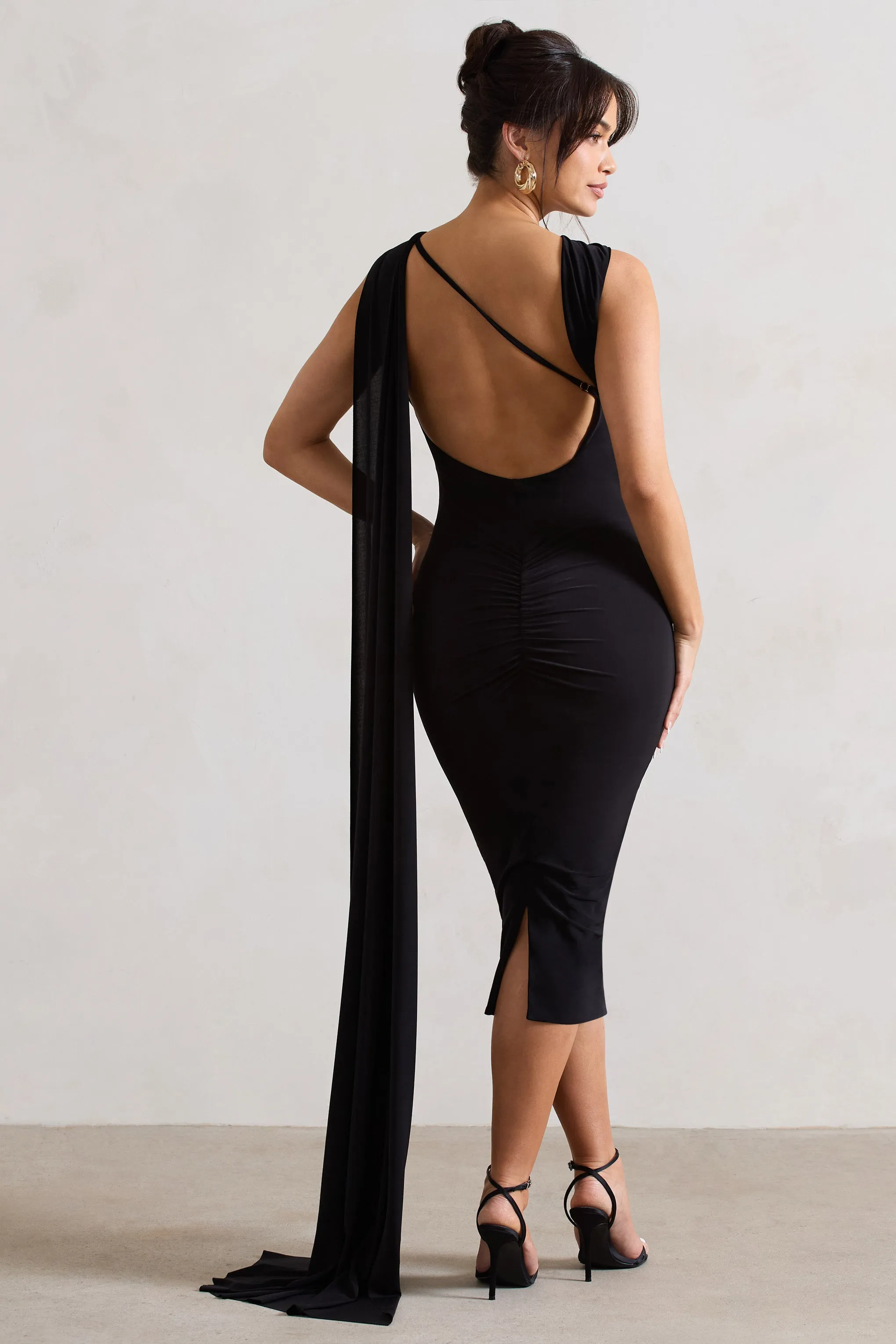 Freedom | Black Strappy Asymmetric Cut-Out Midi Dress With Cape