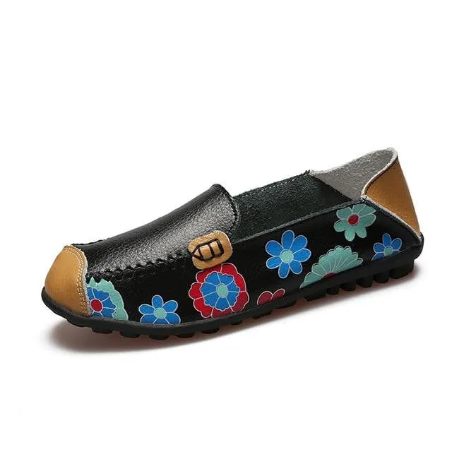 Genuine Leather Flower Print Loafer