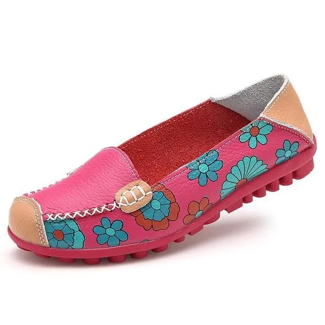 Genuine Leather Flower Print Loafer