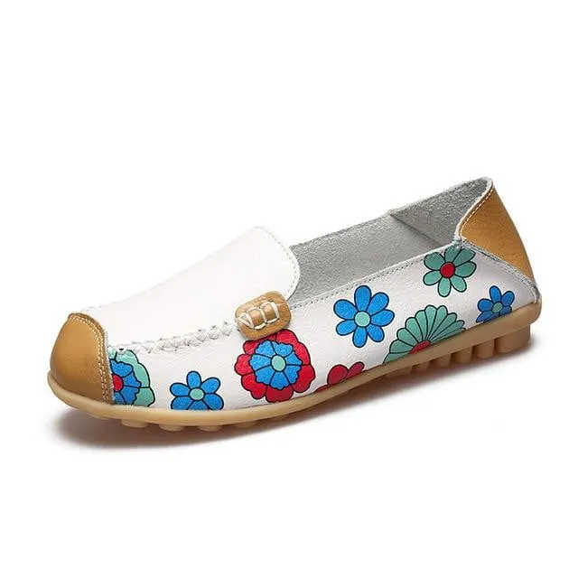 Genuine Leather Flower Print Loafer