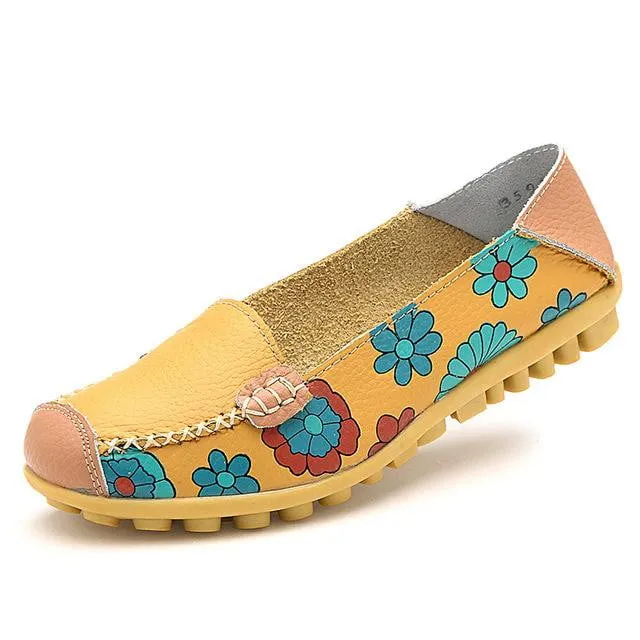 Genuine Leather Flower Print Loafer