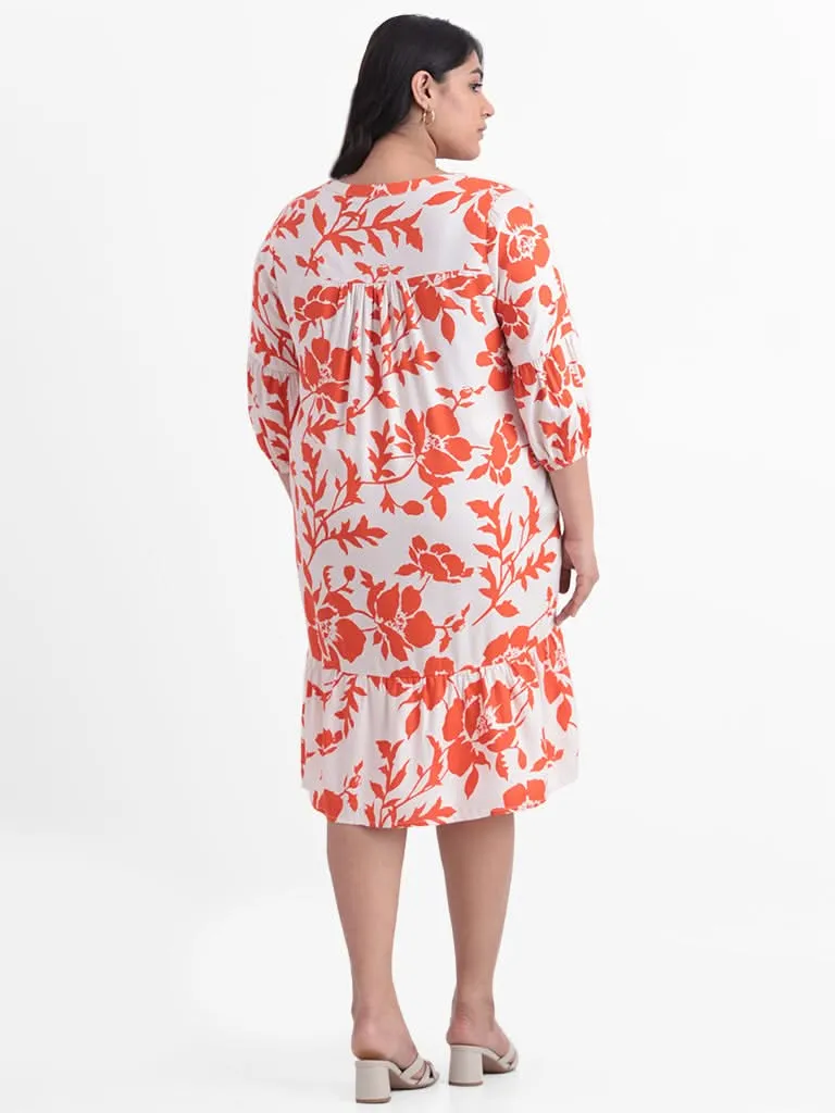 Gia White and Orange Printed Floral Relaxed Fit Figaro Dress