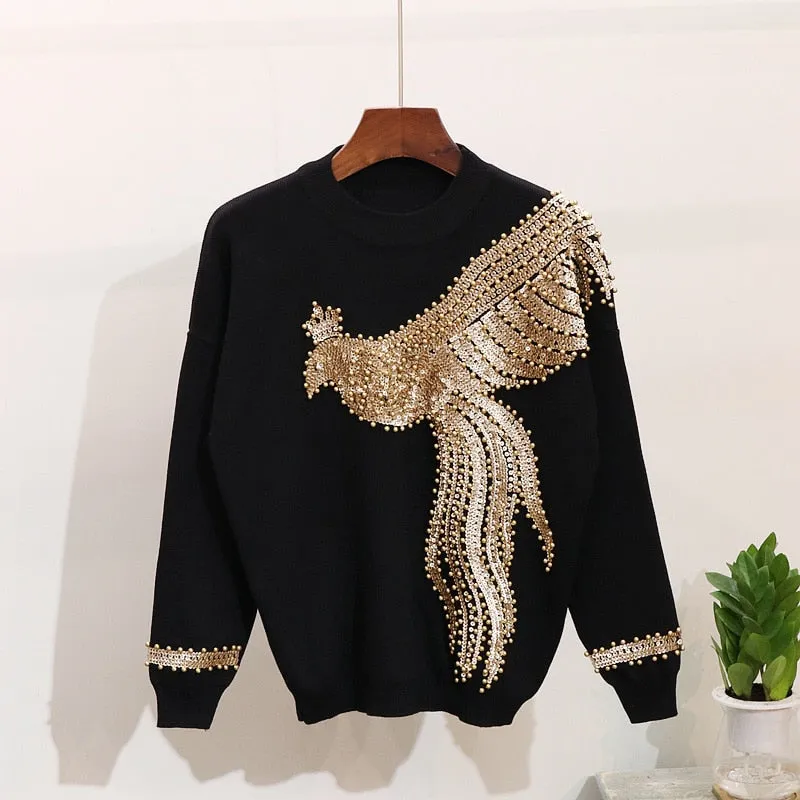 Golden Phoenix Beaded Sequined Knit Sweater & Pants Set