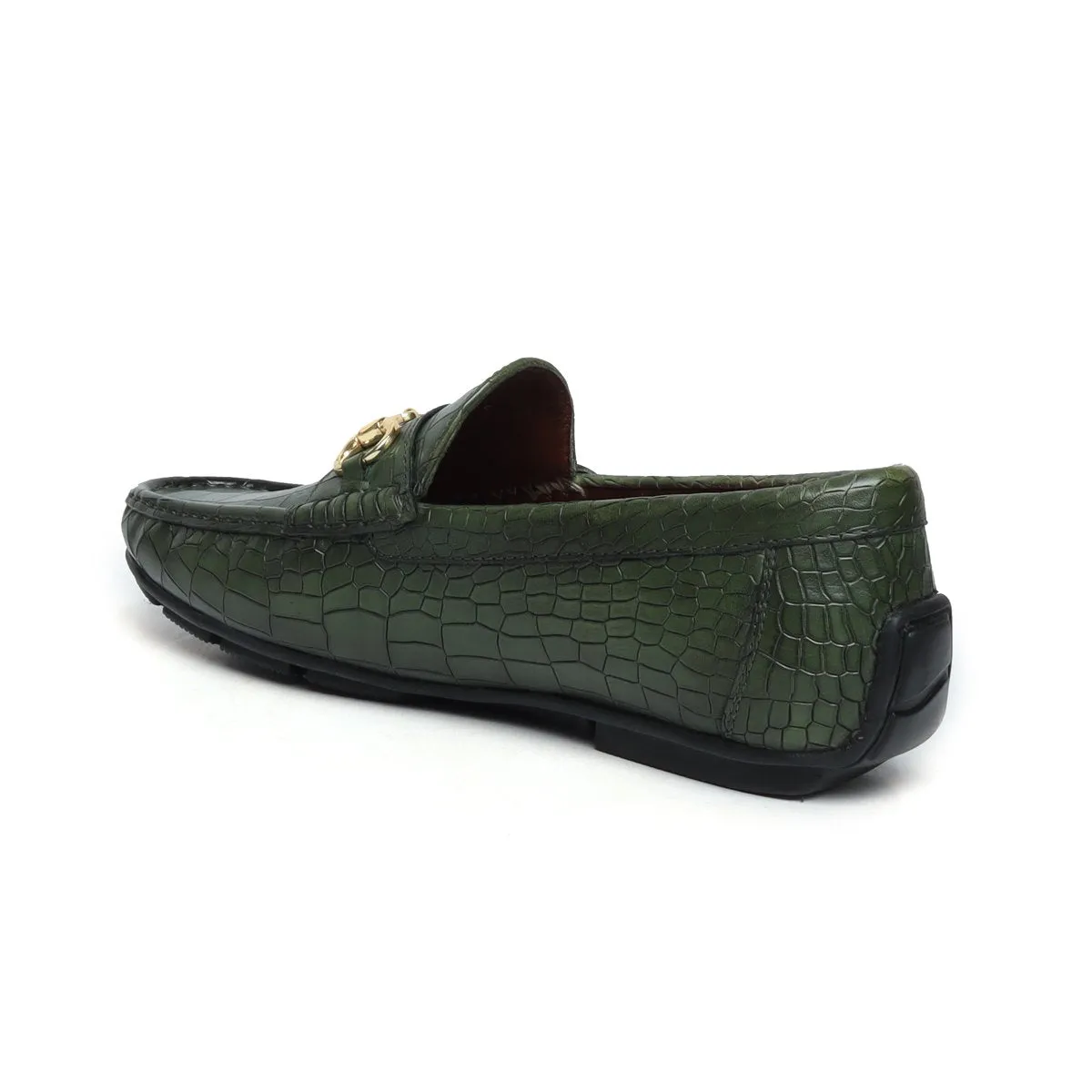 Green Croco Textured Leather Loafers