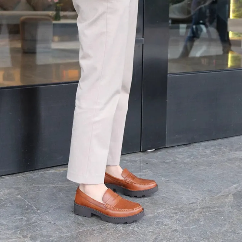 Italy Calfskin Chunky Penny Loafers In Black/Brown