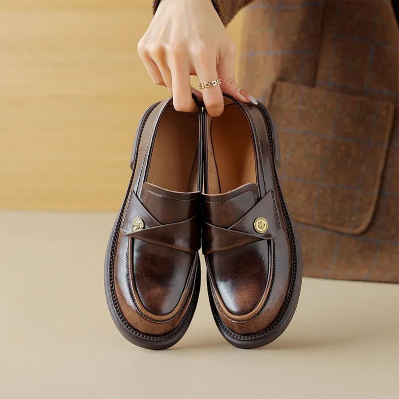 Leather Penny Loafers Handmade Uniform Shoes in Black/Brown