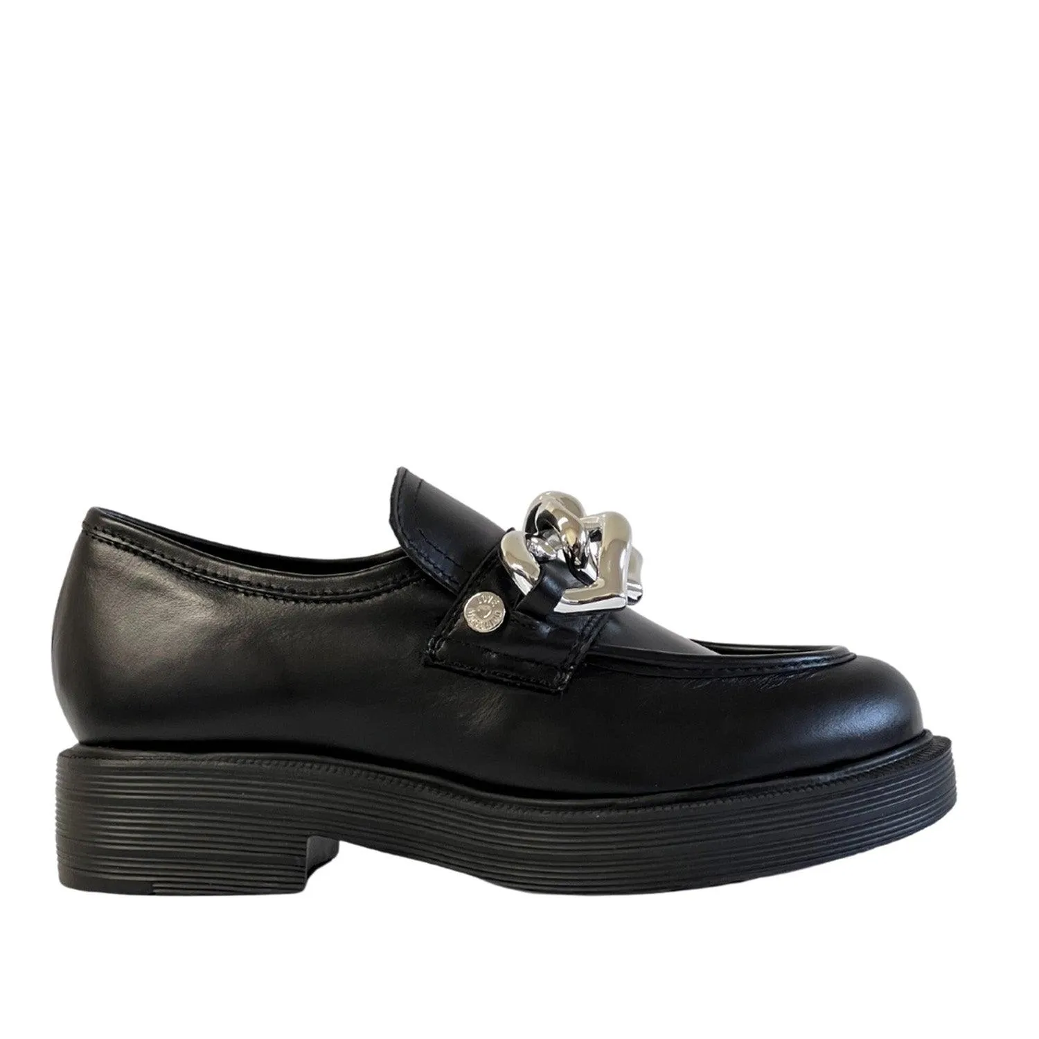 LOVE MOSCHINO SILVER CHAIN-DETAIL CHUNKY SOLE LOAFERS