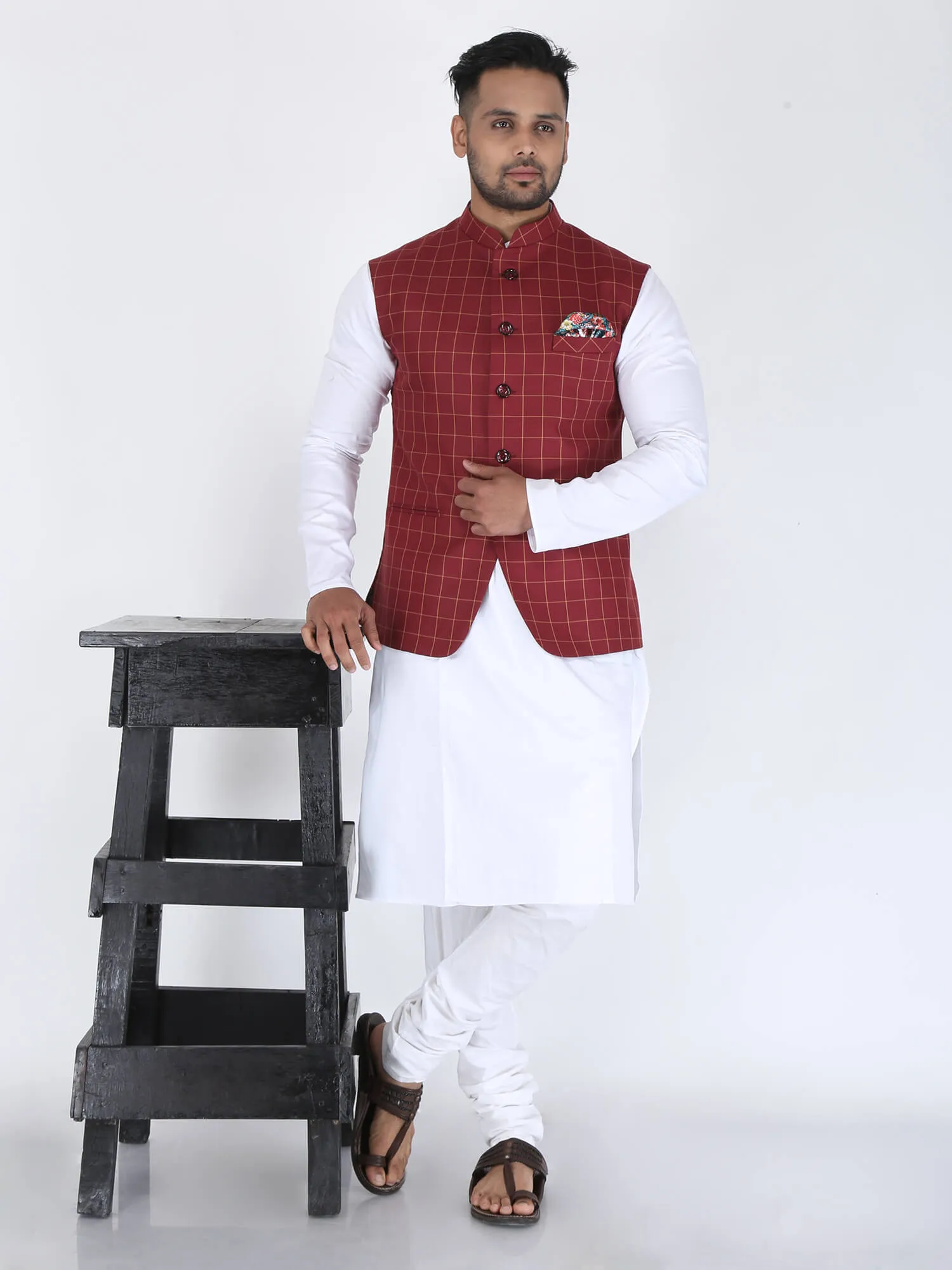 Maroon Checks Classic Nehru Jacket