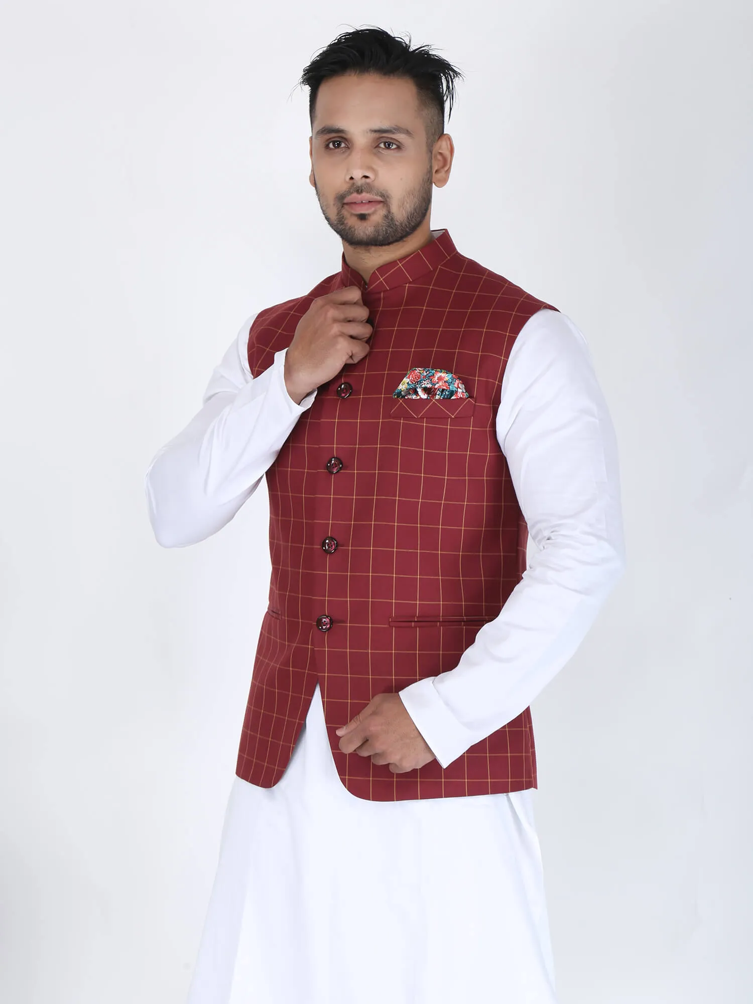 Maroon Checks Classic Nehru Jacket