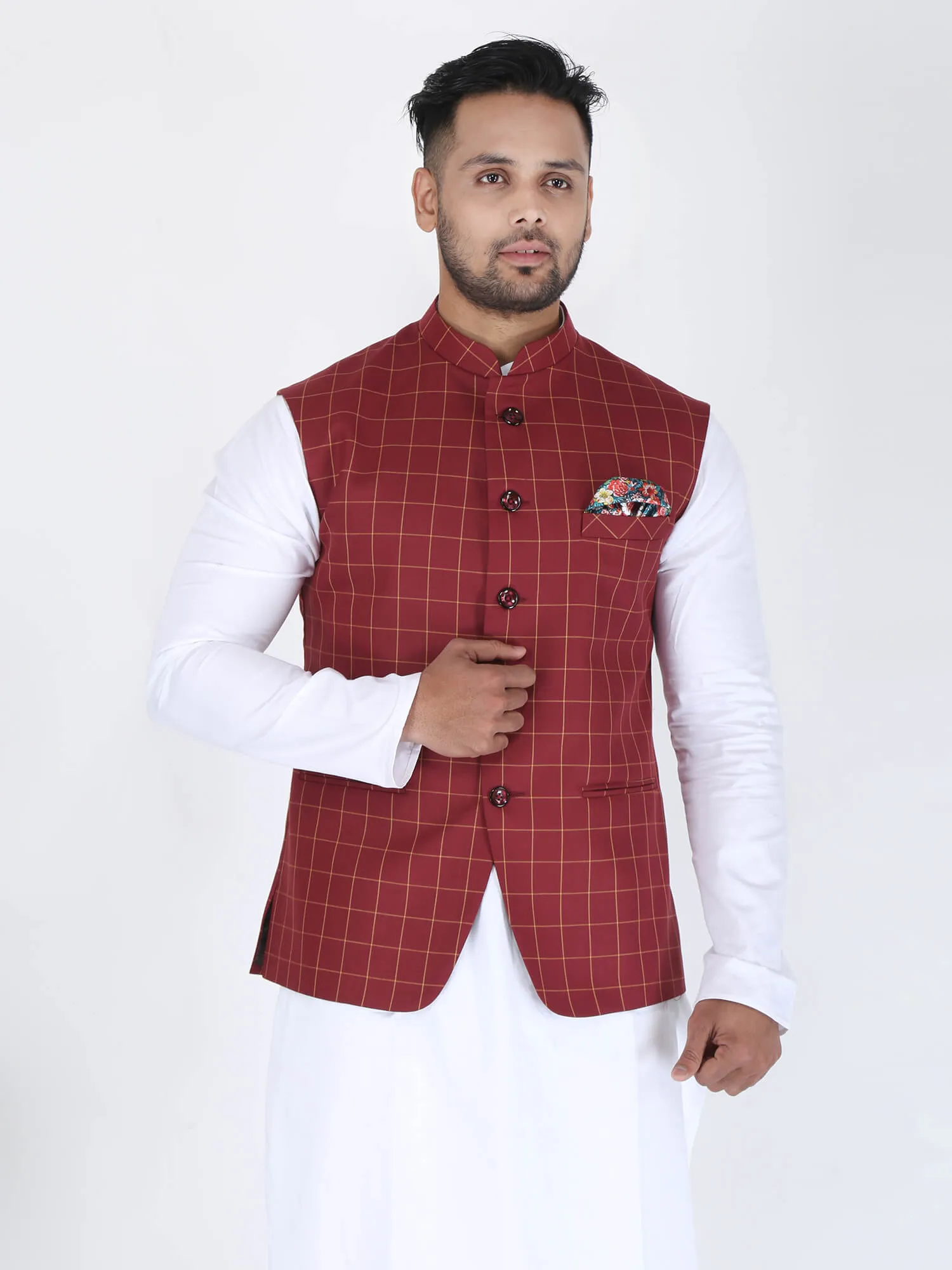 Maroon Checks Classic Nehru Jacket