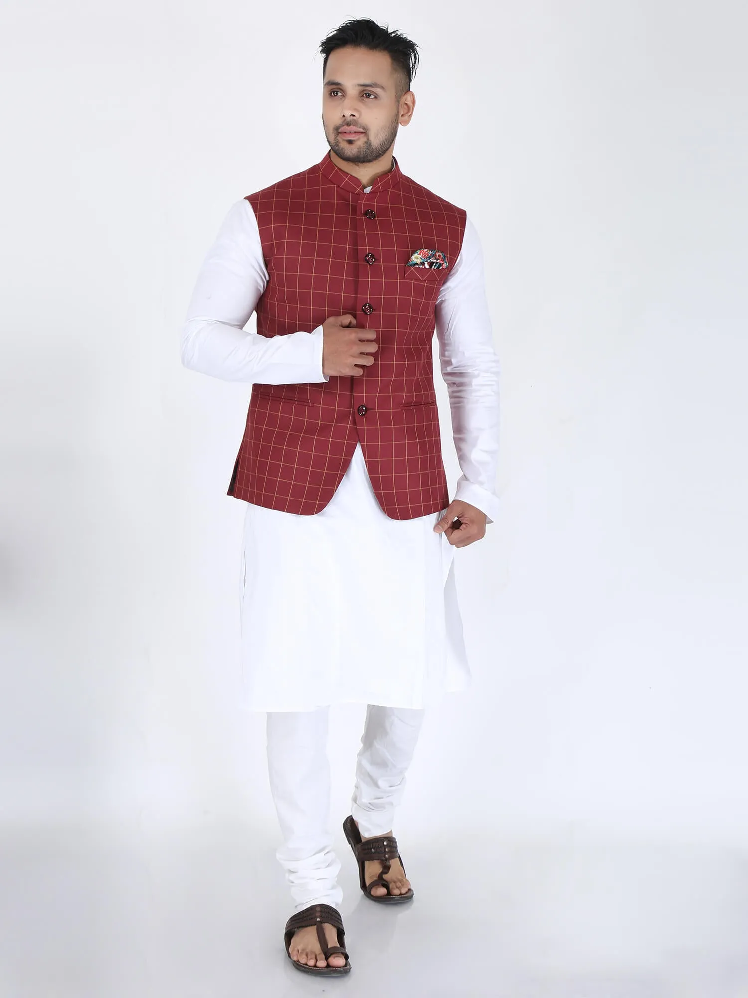 Maroon Checks Classic Nehru Jacket