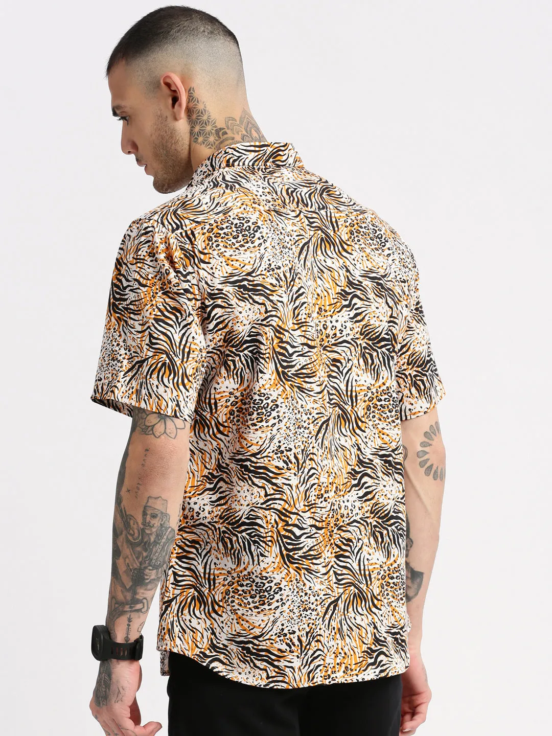 Men Spread Collar Animal Orange Casual Shirt