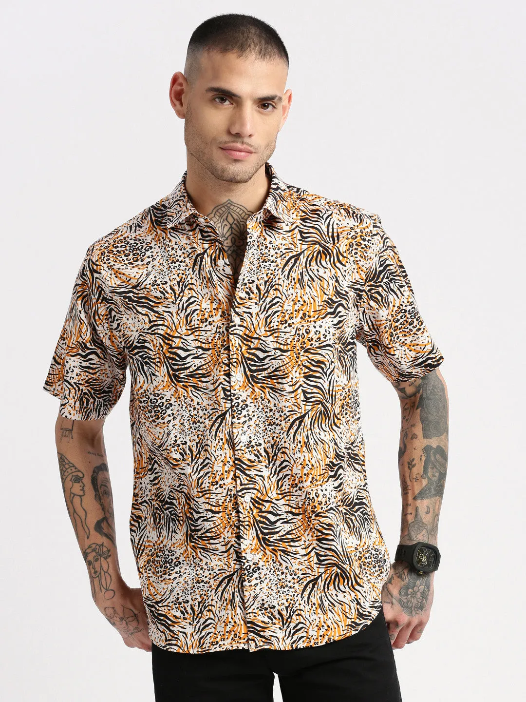 Men Spread Collar Animal Orange Casual Shirt