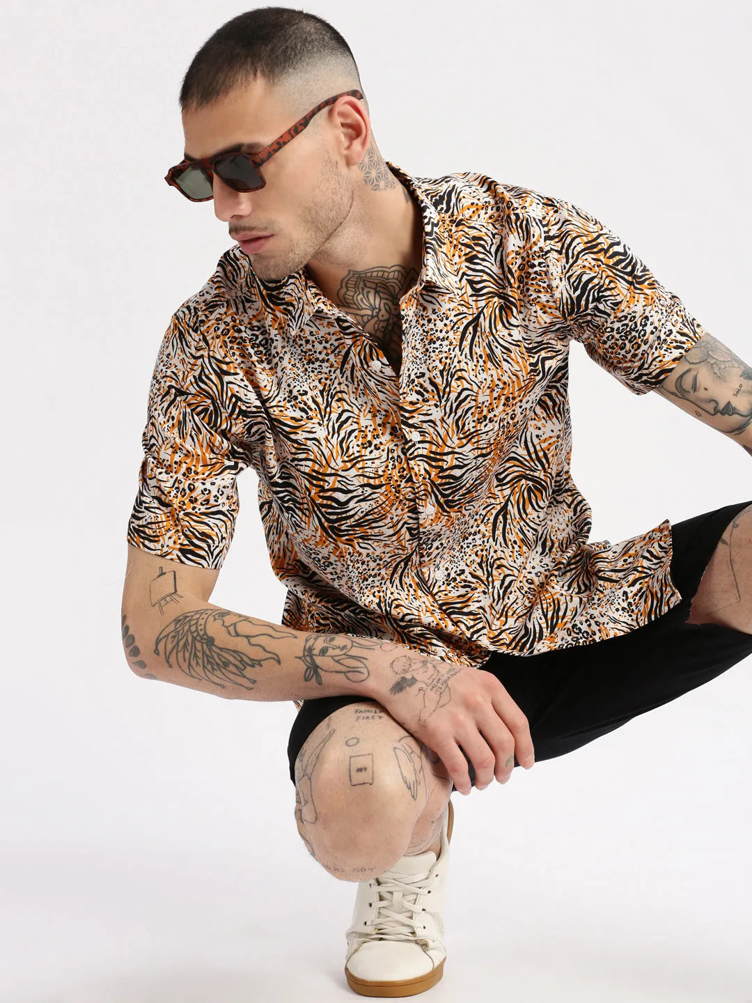 Men Spread Collar Animal Orange Casual Shirt