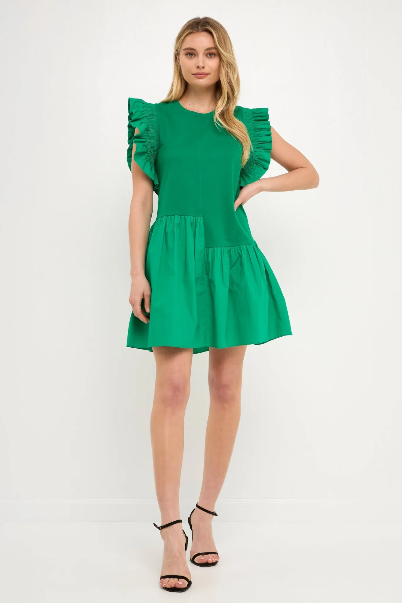 Mixed Media Ruffled Detail Mini Dress