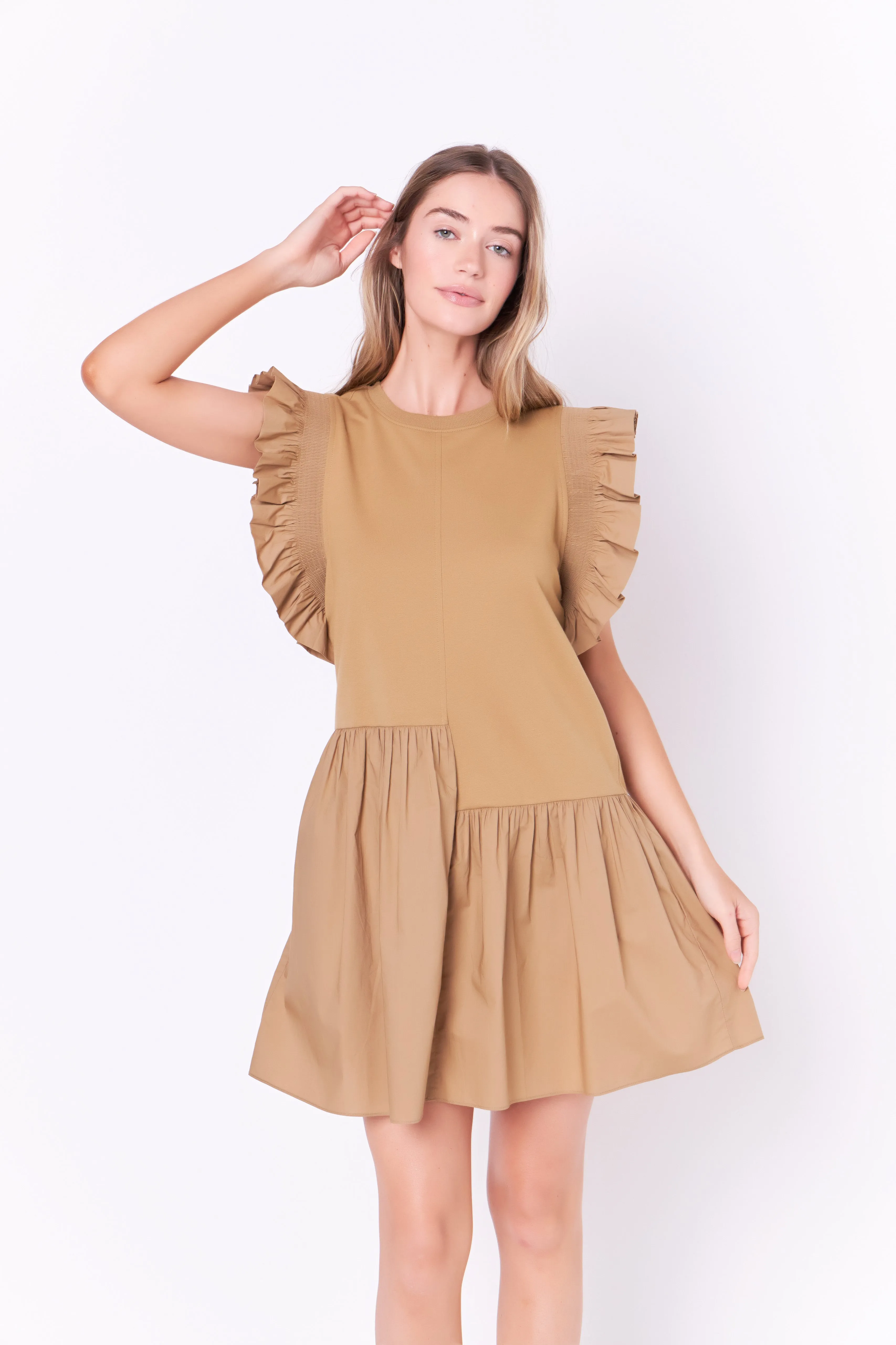 Mixed Media Ruffled Detail Mini Dress