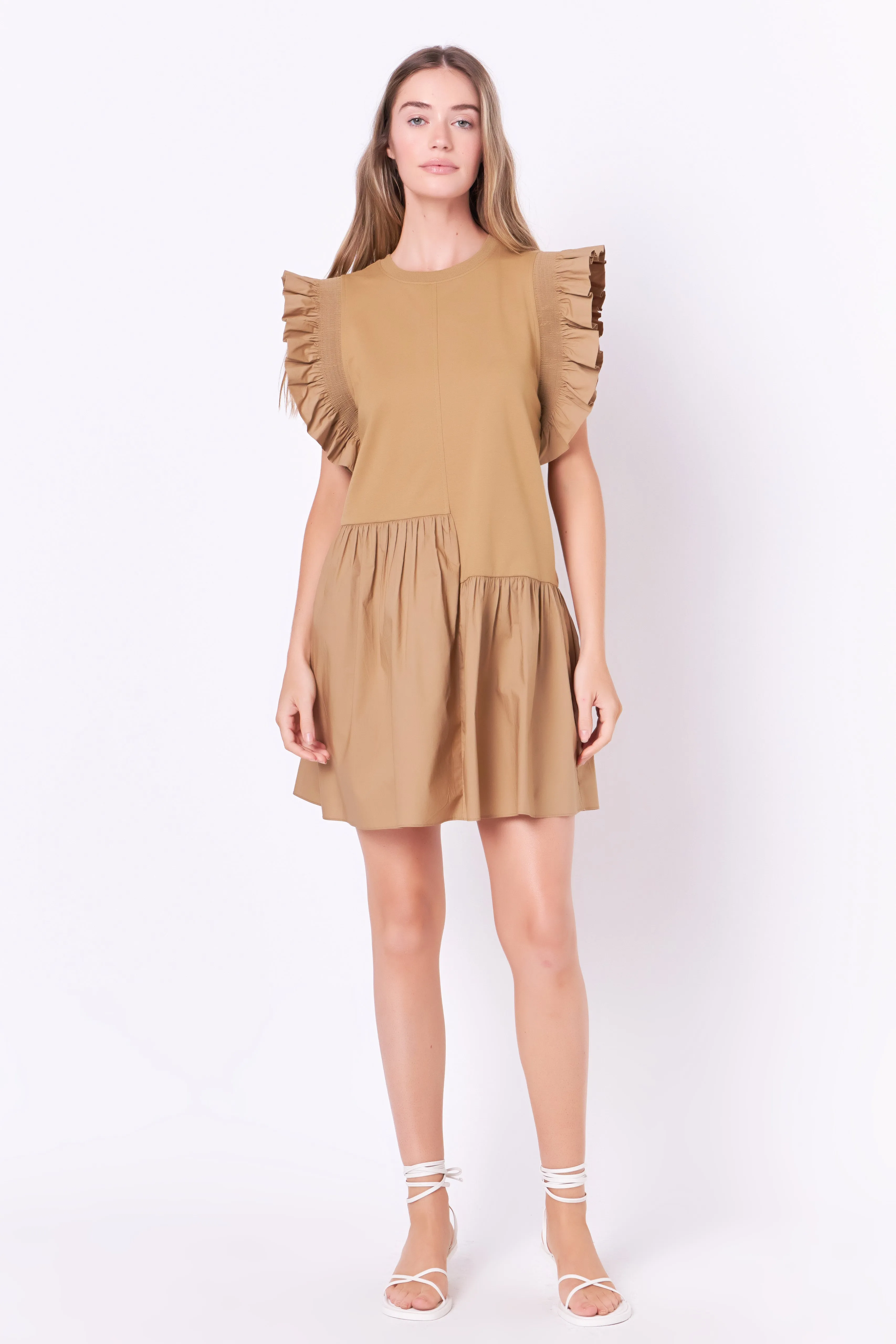 Mixed Media Ruffled Detail Mini Dress