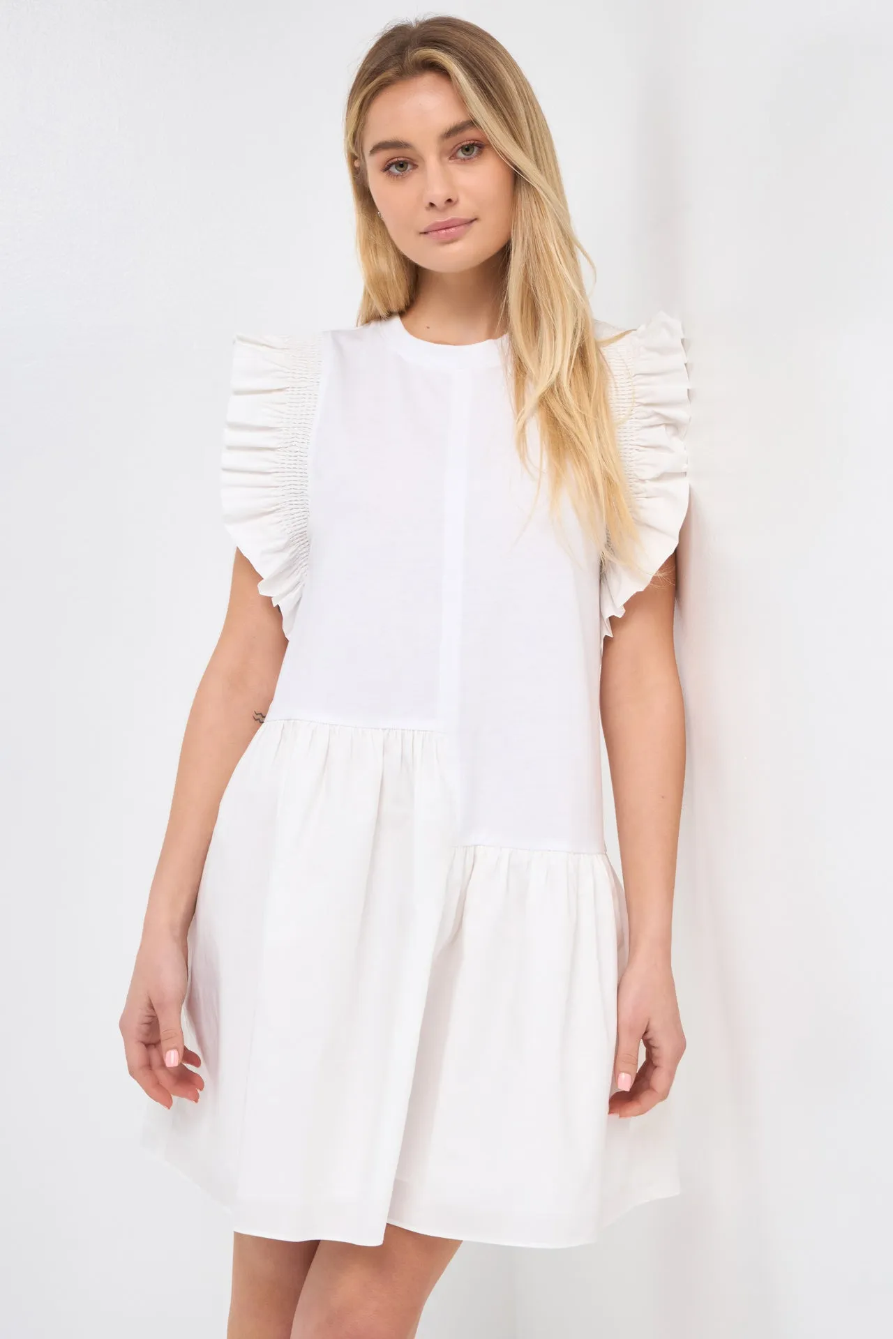 Mixed Media Ruffled Detail Mini Dress