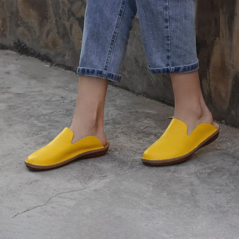 Mori Style Slippers Leather Women Handmade Casual Slip On Shoes Flat Sandals Yellow/Coffee