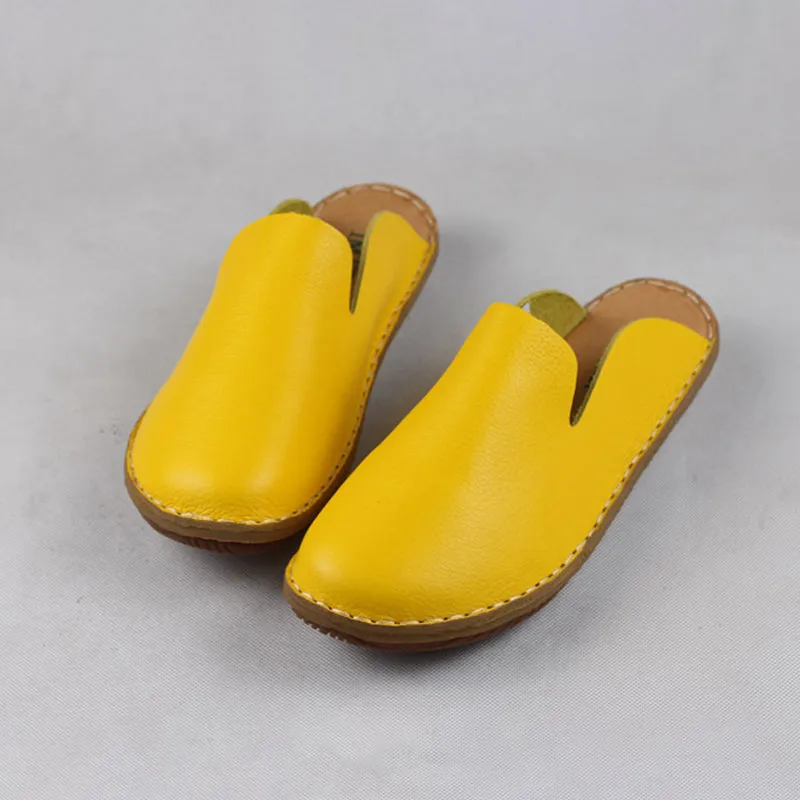 Mori Style Slippers Leather Women Handmade Casual Slip On Shoes Flat Sandals Yellow/Coffee