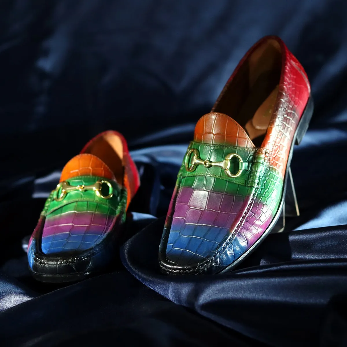 Multi Colored Leather Loafer in Deep Cut Croco Textured Horse-bit Buckle