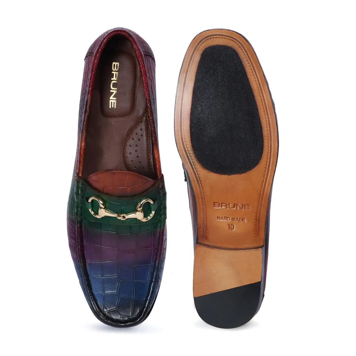 Multi Colored Leather Loafer in Deep Cut Croco Textured Horse-bit Buckle