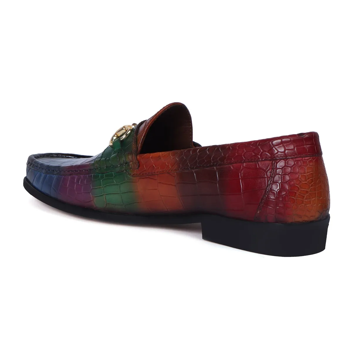 Multi Colored Leather Loafer in Deep Cut Croco Textured Horse-bit Buckle