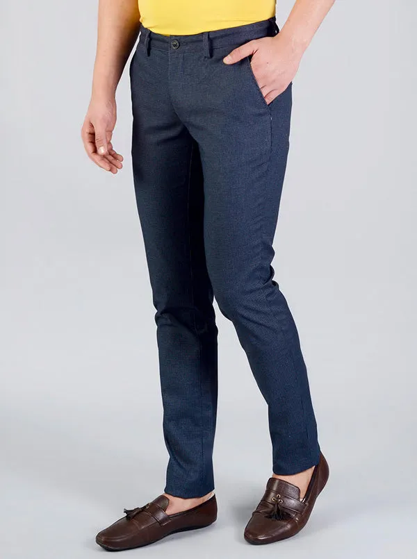 Navy Blue Checked Slim Fit Casual Trouser | JadeBlue