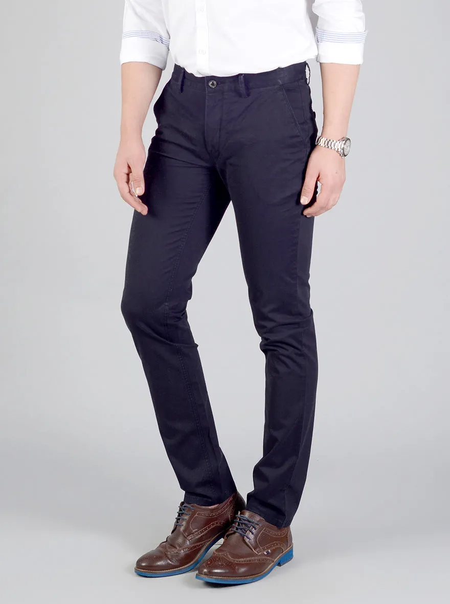 Night Blue Self Textured Slim Fit Casual Trouser | JadeBlue