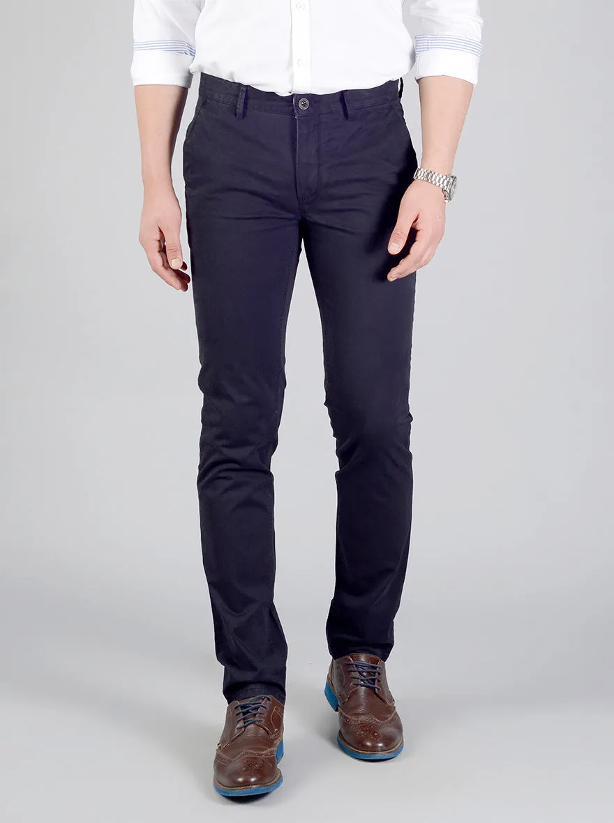 Night Blue Self Textured Slim Fit Casual Trouser | JadeBlue