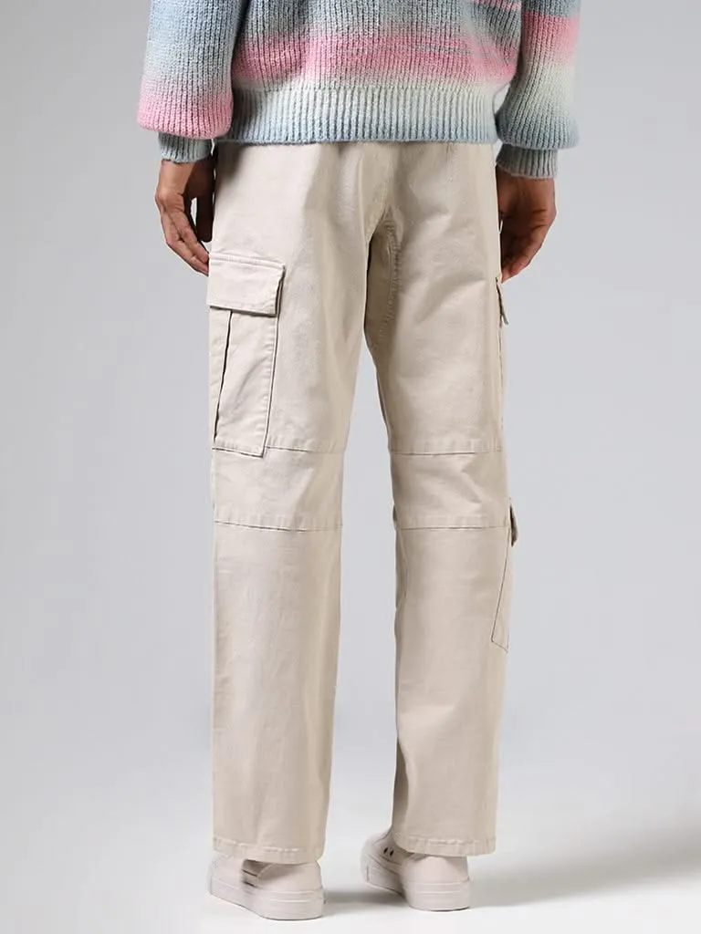 Nuon Solid Beige Relaxed-Fit Mid-Rise Cargo Chinos