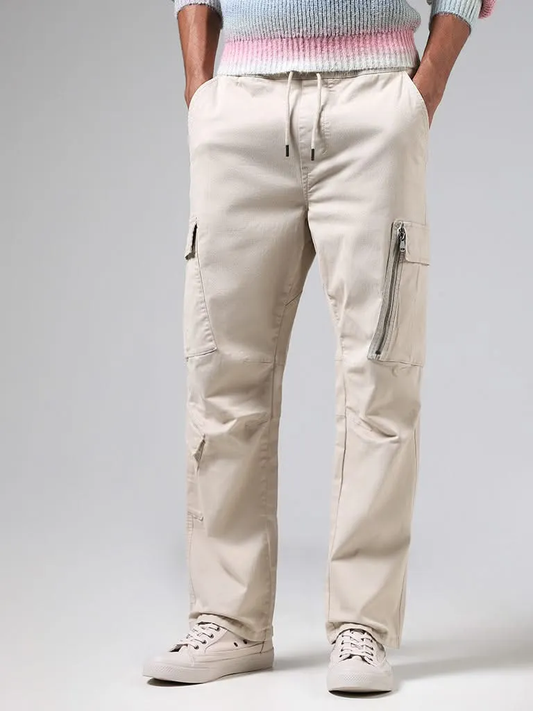 Nuon Solid Beige Relaxed-Fit Mid-Rise Cargo Chinos